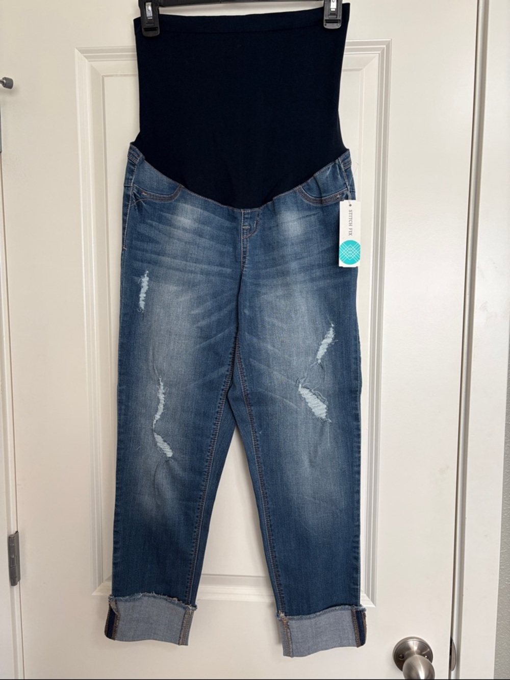 1822 Denim Blue Distressed Maternity Ankle Jeans with Overband